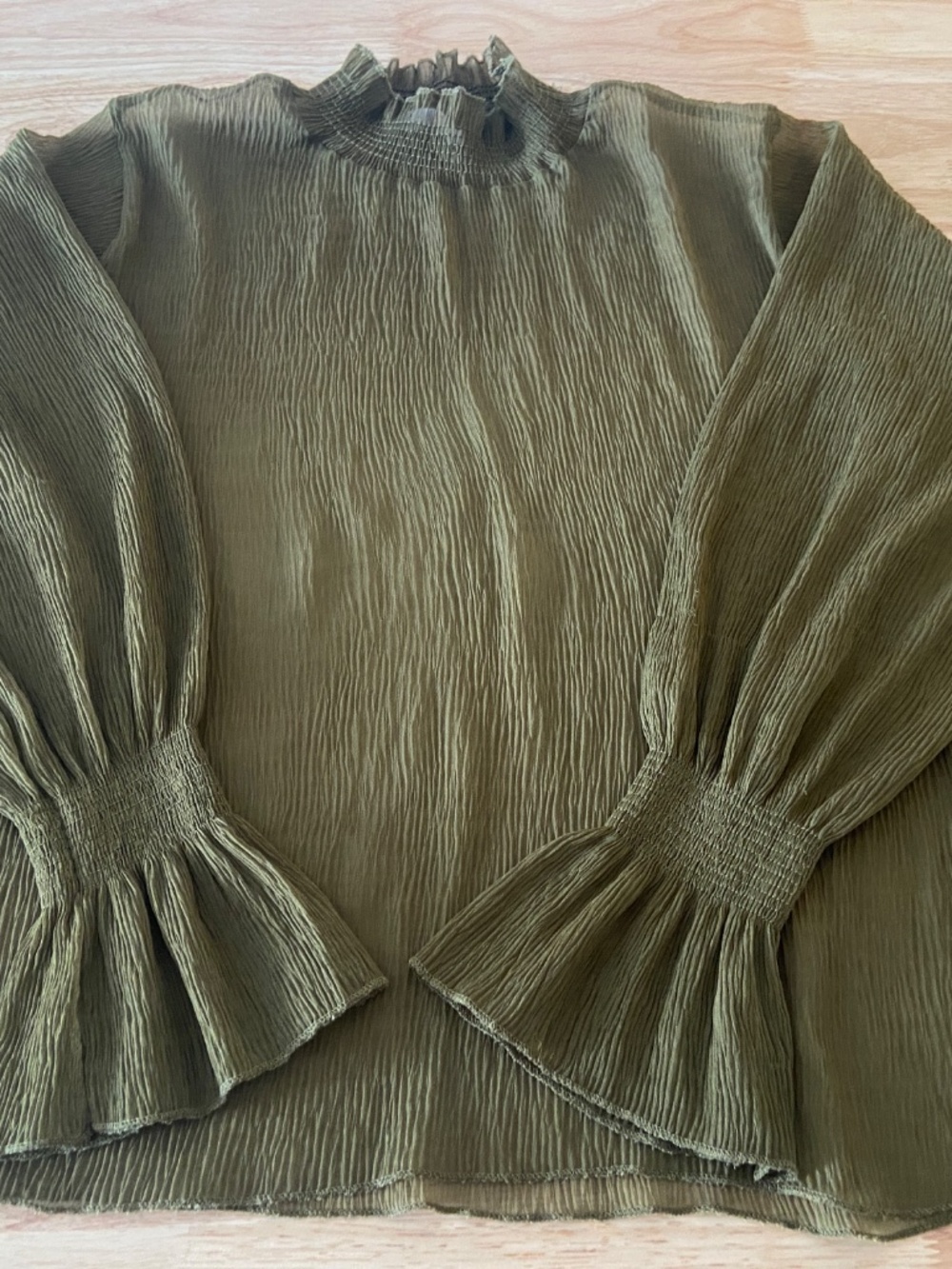Oak + Fort Sheer Ruffle Neck Blouse, Olive, Size M